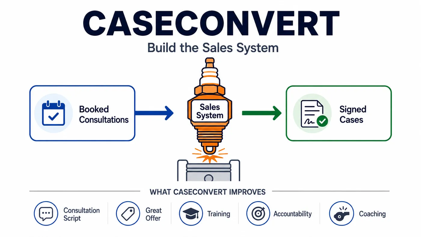Diagram from the book: the CaseConvert system — consultation scripting, a great offer, and automated follow-up that converts consultations into signed cases.
