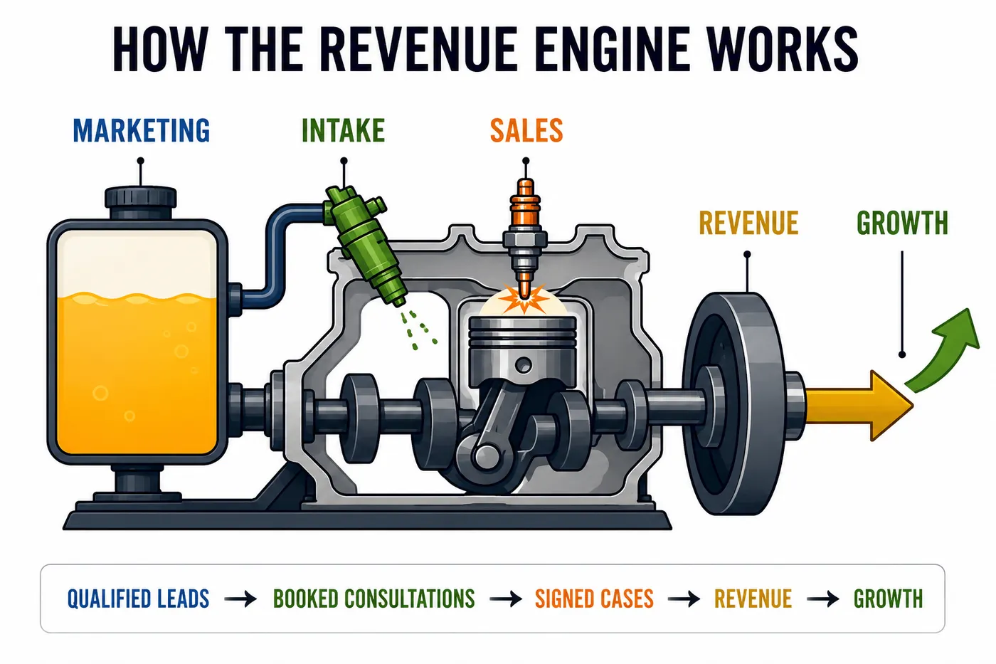Diagram from the book: how the Law Firm Revenue Engine works — Marketing, Intake, and Sales running as one machine that turns leads into signed cases.